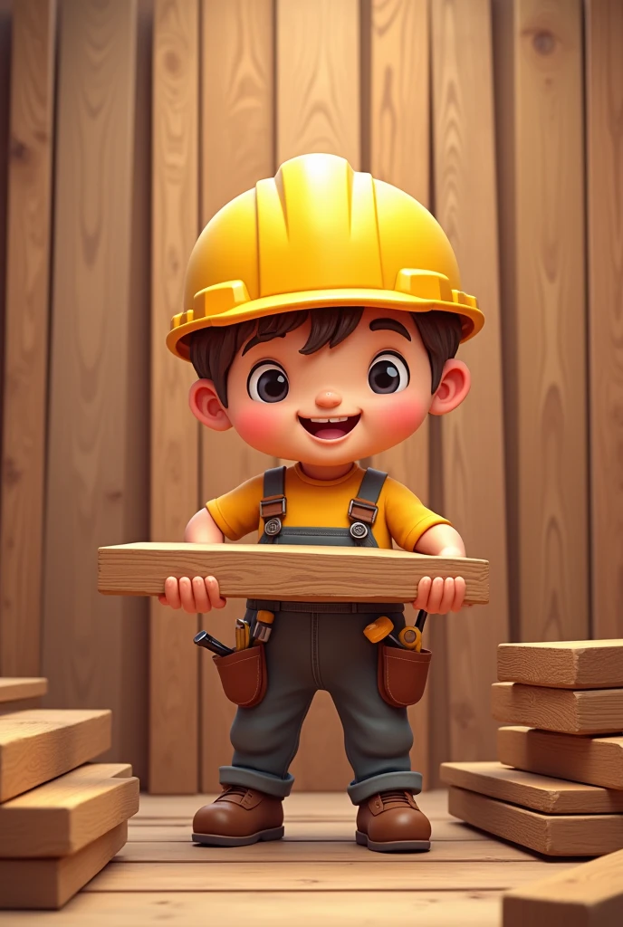 Mix them  for Advertising in proper way nor the wood in shoulders in should be in hands
The first image is a cartoon illustration of a construction worker or carpenter. He is wearing a yellow hard hat and brown overalls with tools like a hammer and screwdriver in his pockets. Amd wood in his hands

The second image is a background of wooden planks arranged vertically. The planks are of different shades of brown, showing natural wood textures and grains. This could represent a wooden wall, floor, or paneling.