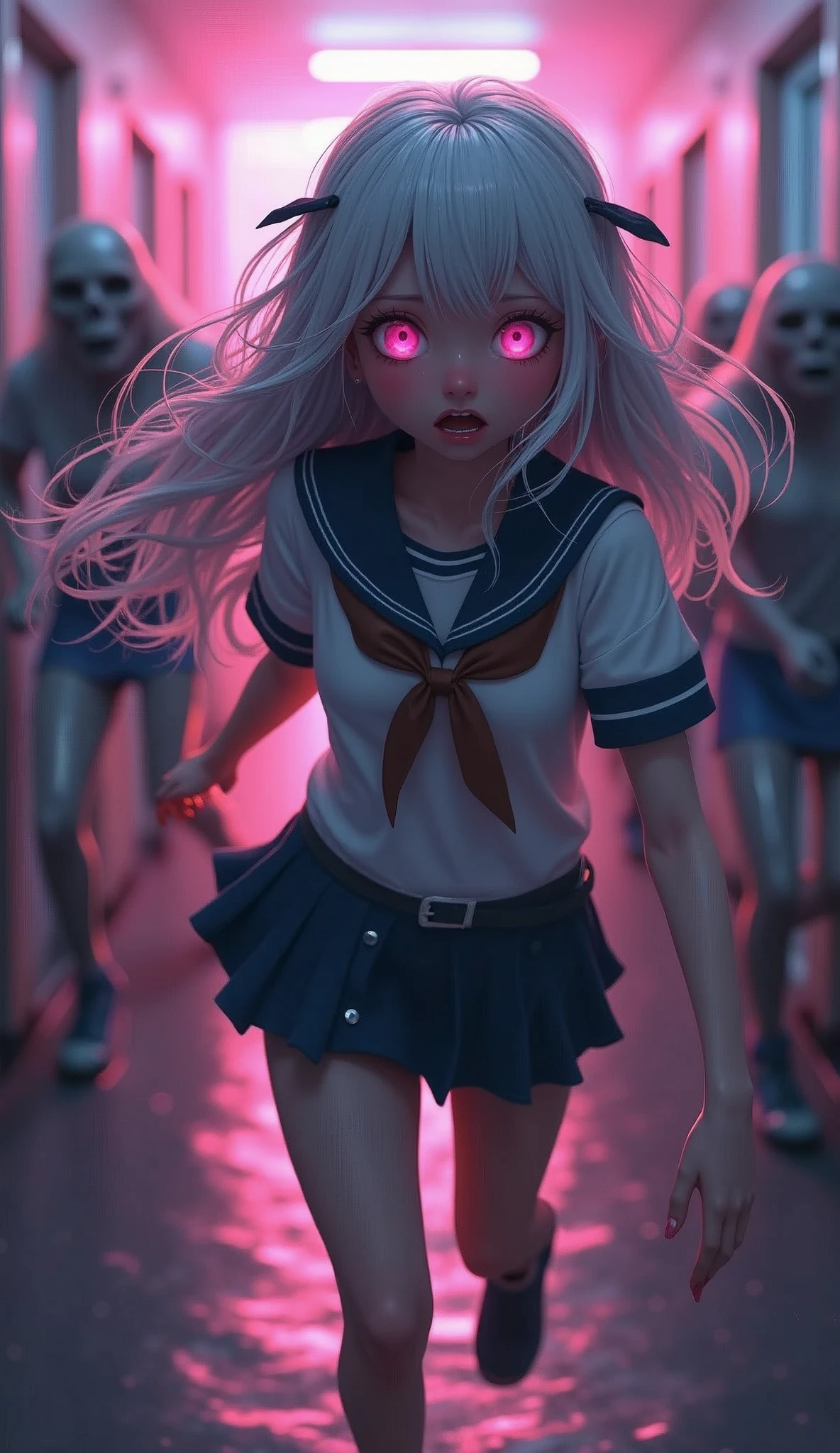 photorealistic,Realistic illustration in Modelshoot style,((masterpiece)),((The best quality)),((Ultra Quality)),((ultra detailed)),((1girl long white hair)),((Only)),((waifu:1.5)),Perfect anatomy,perfect hands,beautiful cuerpo,beautiful_method,ulzzang-6500-v1,e-chica,Exceptionally Beauty Waifu Princess Mary R. and Emma Stone and Eiza Gonzalez as Rin Tohsaka and Tifa Lockhart running terrified in a hospital being chased by a group of horrible and scary zombies,(((zombis,A crowd of horrible and terrifying zombies watching and running after her piled up with each other to catch up with her...))),in a cosplay,wet clothes,Sailor mini skirt,black socks,((bright-pink_eyes)),long wavy hair,hair clips,eyeliner,cute makeup,lipstick,Glossy lipstick,with a look of terror, worry and sadness,((eyes detallados perfectos)),rainy with fog outside,evening,pink theme,bioluminiscencia,light particles,((Extremely CG Unity 8K Wallpaper)),((cinematic lighting,Best quality lights)),intricate details,Suave,sharp focus,Extremely beautiful and aesthetic,Octane rendering,Full length portrait,damp skin,((Perfect detailed body)),