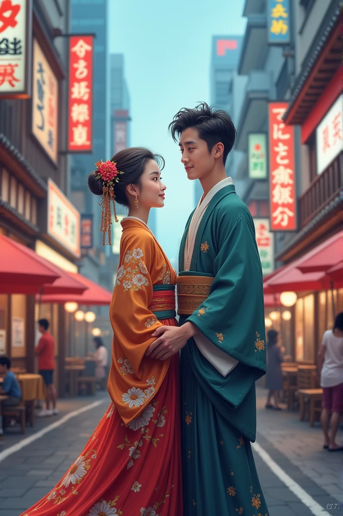 Burmese girl wear traditional dressand her japanese boyfriend wear him traditional dress meet in the tokyo