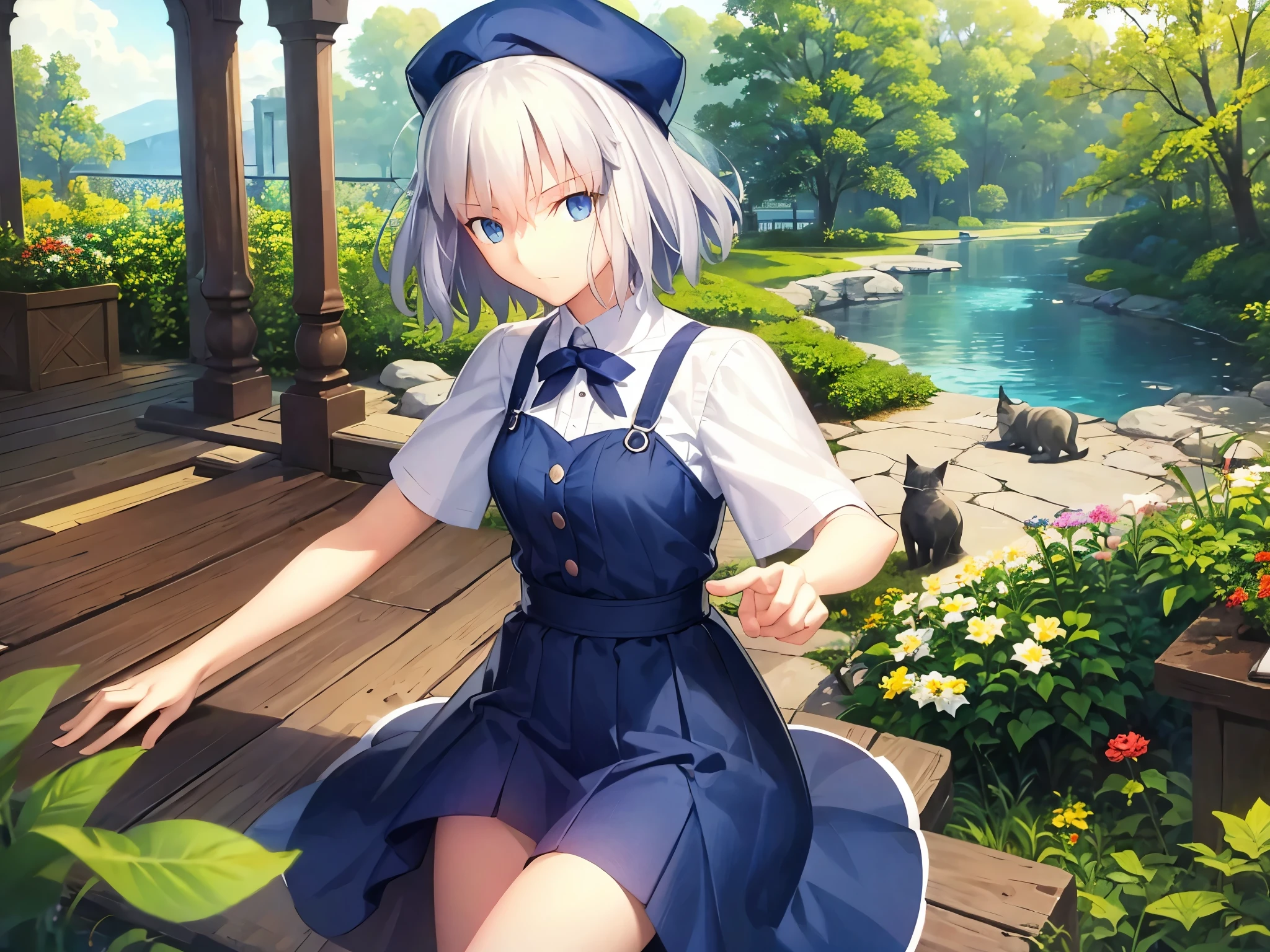 Highest quality、masterpiece、One girl、15 years old、Short silver hair、Blue eyes、Cat knit hat、Short sleeve、Shorts、Novelist、nature、Study