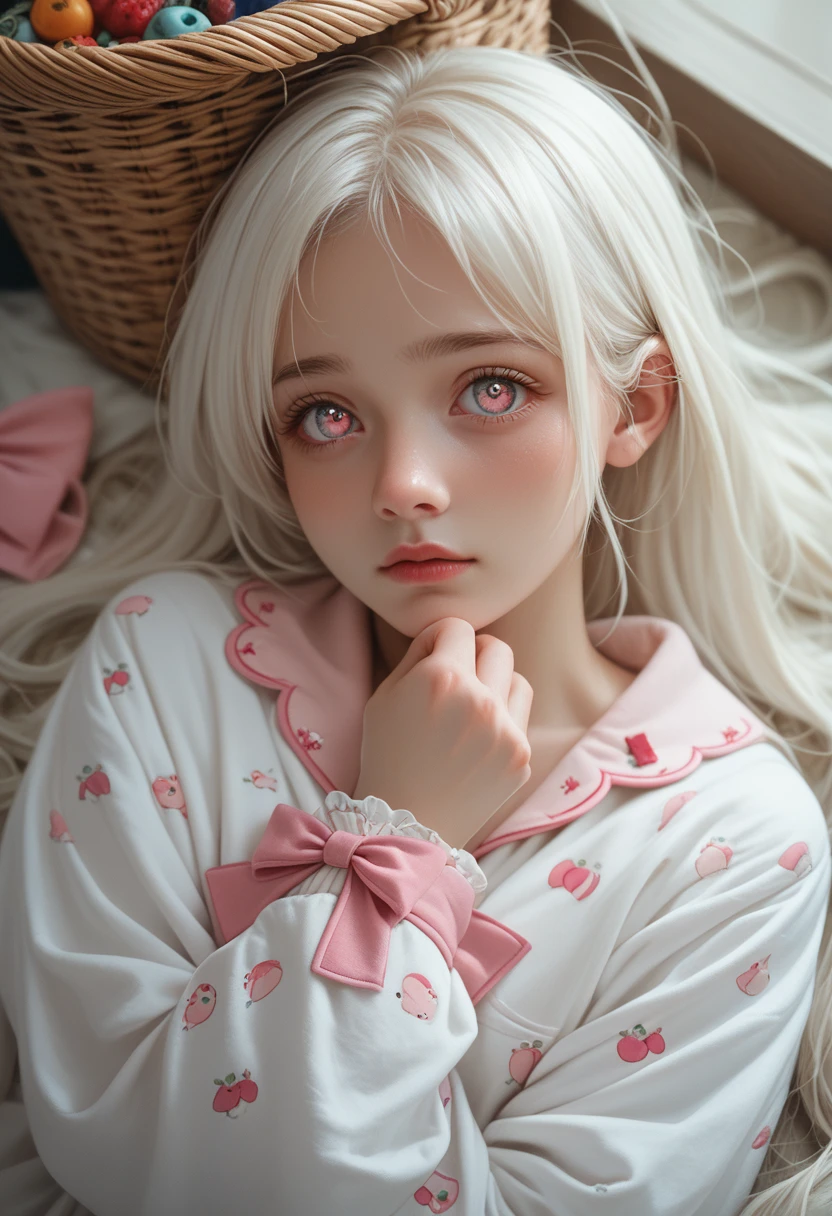 masterpiece, Best quality, super detailed, illustration, beautiful detailed eyes, Close-up, Young woman. It's white hair, pink bow, white pajamas. Sit down on the ground and rummage through the clothes basket.