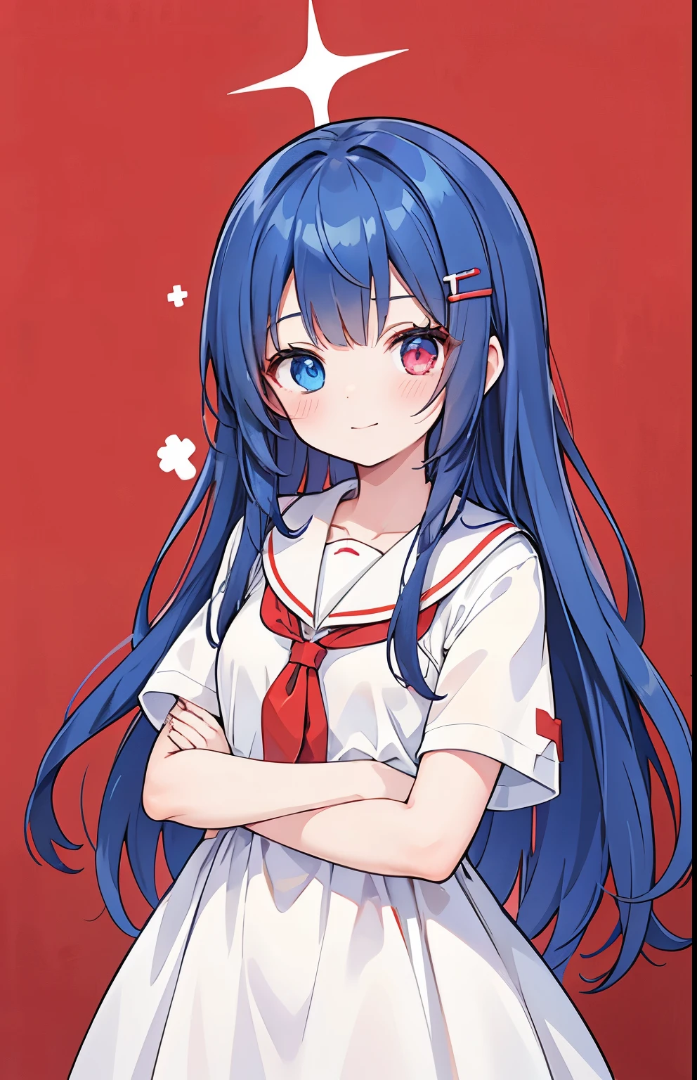 solo girl,dark blue hair,long hair,cute gal girl,two red cross hair clip for left and right bang,heterochromia,blue eyes,red eyes,oily skin,25 years old,half smile,school dress,red background
