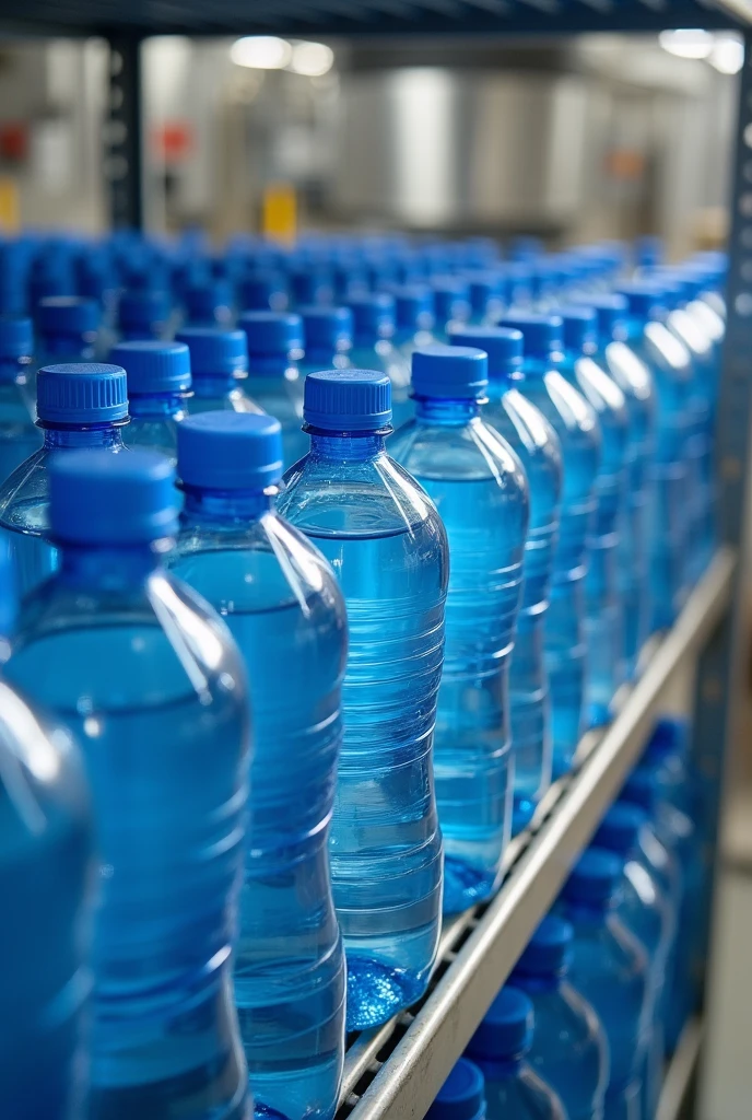 19 littre water bottles in the shelf of a water plant. picture should be in the landscape