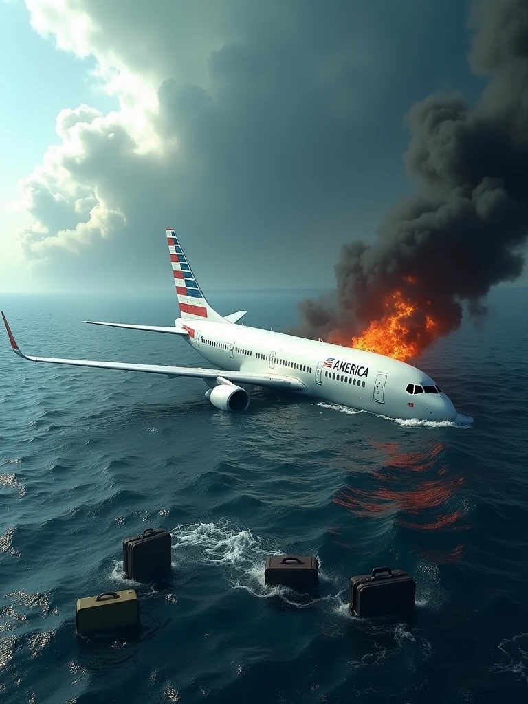 An image of a white airplane adorned with the flag of the United States engrossed in thick clouds. It's resting on the surface of a blue ocean, with its engines in flames indicating a crash. Scattered around you see suitcases and various items, maybe belongings of the passengers. The scene is rendered in a hyperrealistic and photorealistic manner with high resolution and great detail. It is portrayed in a professional and aesthetically pleasing way, showing a captivating scene from a close-up perspective.