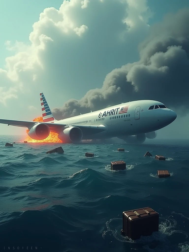 An image of a white airplane adorned with the flag of the United States engrossed in thick clouds. It's resting on the surface of a blue ocean, with its engines in flames indicating a crash. Scattered around you see suitcases and various items, maybe belongings of the passengers. The scene is rendered in a hyperrealistic and photorealistic manner with high resolution and great detail. It is portrayed in a professional and aesthetically pleasing way, showing a captivating scene from a close-up perspective.