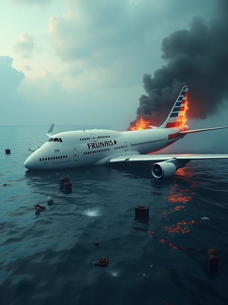 An image of a white airplane adorned with the flag of the United States engrossed in thick clouds. It's resting on the surface of a blue ocean, with its engines in flames indicating a crash. Scattered around you see suitcases and various items, maybe belongings of the passengers. The scene is rendered in a hyperrealistic and photorealistic manner with high resolution and great detail. It is portrayed in a professional and aesthetically pleasing way, showing a captivating scene from a close-up perspective.