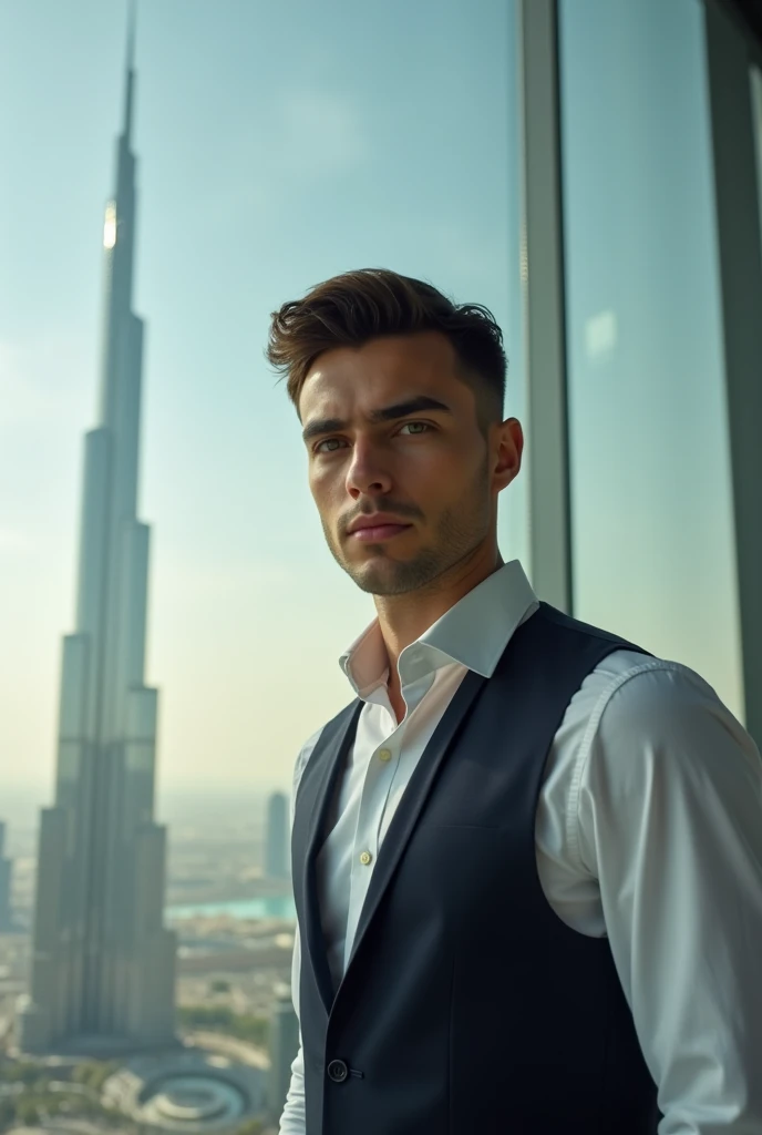 Imagine a young business executive, com cerca de 25 anos , NO BUD KHALIFA DUBAI . He wears an elegant VEST ONLY WITH VEST . His carefully styled hair shows a touch of sophistication, and his eyes reflect determination and ambition. highlights his confident and focused expression , image ultra realistic