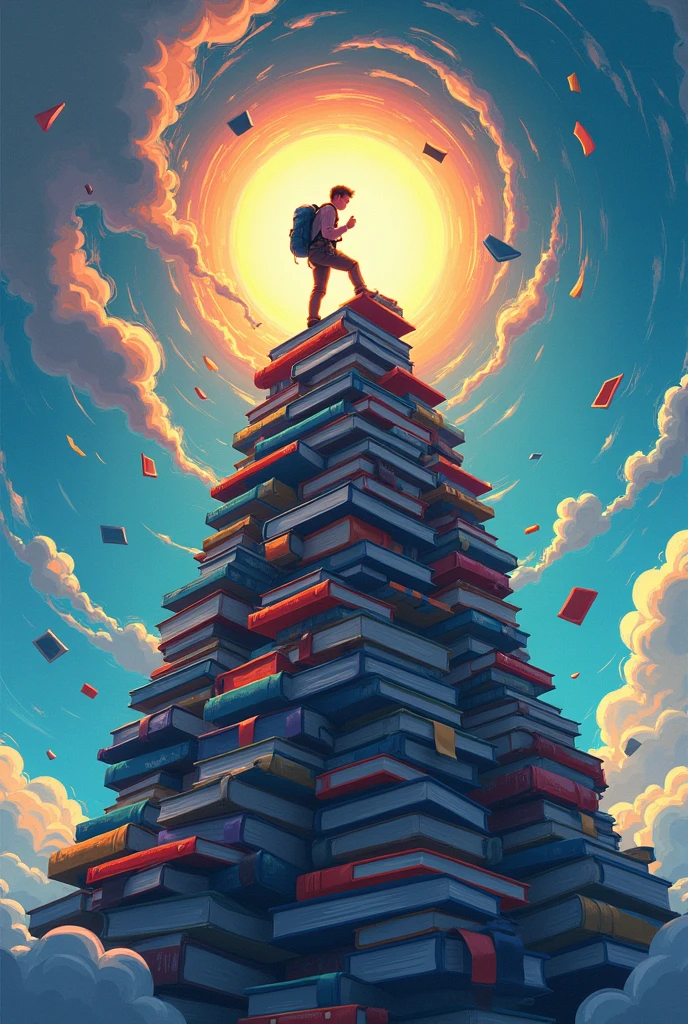 "Design a wallpaper where a student is climbing a mountain made of books, with distracting elements like social media icons, chat bubbles, and other distractions swirling around the base. At the top of the mountain, the sun is shining brightly, symbolizing achievement. The text reads: 'Rise Above Distractions.' The color palette should be vibrant, with a contrast between the dark distractions and the bright summit."