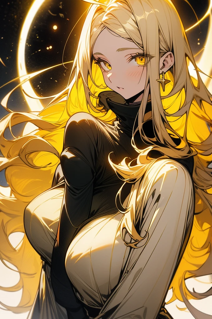 1 adult woman, light yellow eyes, light yellow long wavy hair without bangs, looks at the viewer, cleavage, large breasts, light yellow strapless dress, light yellow gloves high, rings around her body like Saturn, upper body, near the sun, cosmic background, beautiful, Detailed, delicate tones