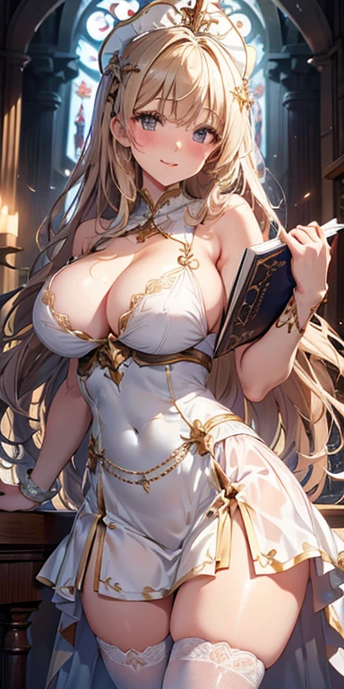 Tabletop, Highest quality, Highly detailed CG Unity 8k wallpaper, Beauty Priestess Costume, Long dark blonde wavy hair、White lace dress, (Long Flared Skirt), Medium Milk, y nippsh, Embarrassed laugh, Exposing shoulders、Sexy Hips、S Underwearack high heels、Gorgeous magic wand and book、Church of the castle、Sexy pose、(Poses t accentuate the buttocks)