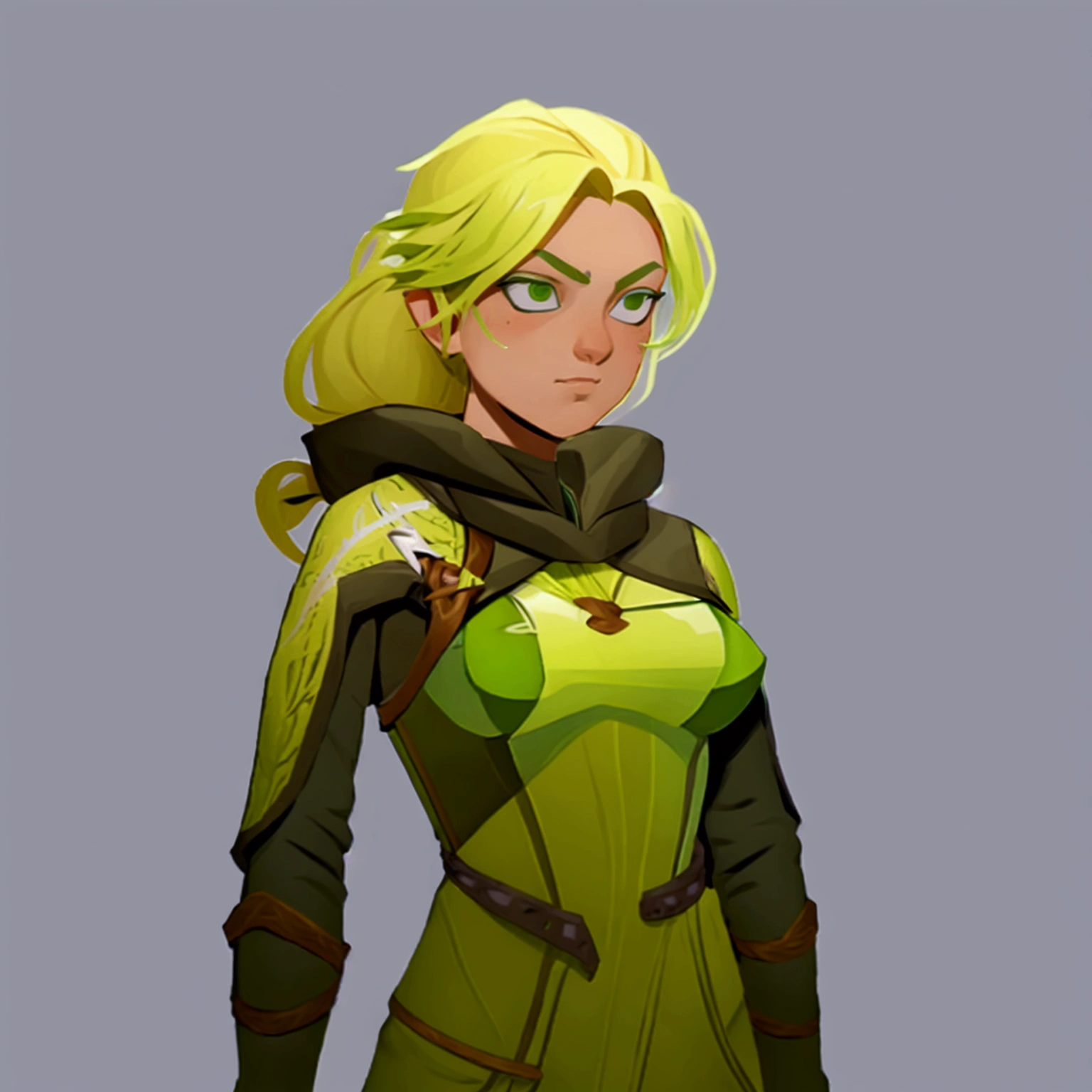 concept art, European and American comics, game character design, RPG Fantasy Game Characters, solo, 20-year-old European woman, blonde hair, golden hair, long hair, braid (((Lime green fabric combat suit))),white background, Brown eyebrows ,holding a bow,black eye, Focused on the upper body, Make your face look bigger,((Draw only up to the waistline))), (((Zoom in so the face is clearly visible))), (((Focused on the upper body))), Lime green short-sleeved top, A cloak with a hood, Brown corset, Lime green gloves, Brown waist belt, The belt buckle is lime green, Short lime green skirt, holding a bow, Wearing a quiver,