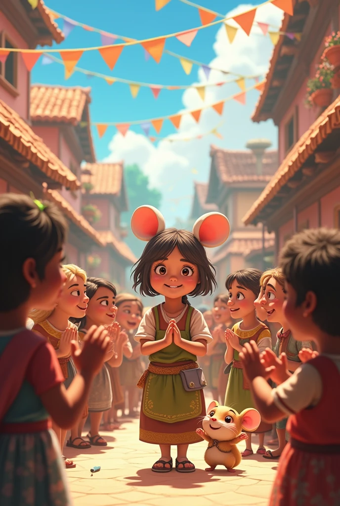 Conclusion**: The scene shifts to the village square where Mithi and the mouse are celebrated by the villagers, who are clapping and smiling, with festive decorations around.