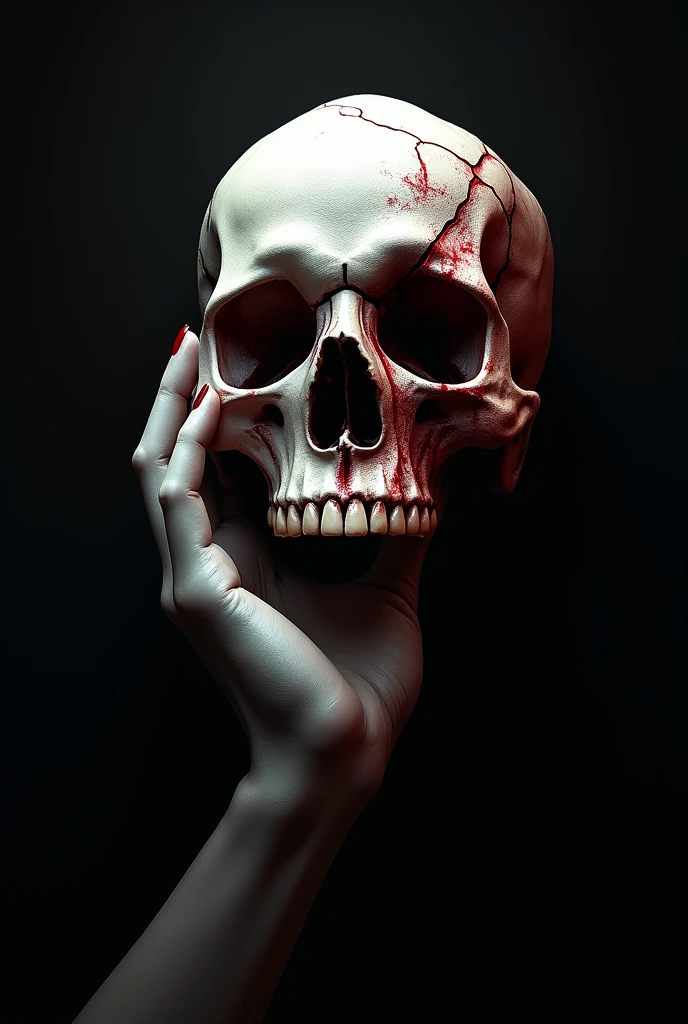 Pirate flag,Black background with white hand coming from the right side holding white cracked skull with its eye sockets bleeding