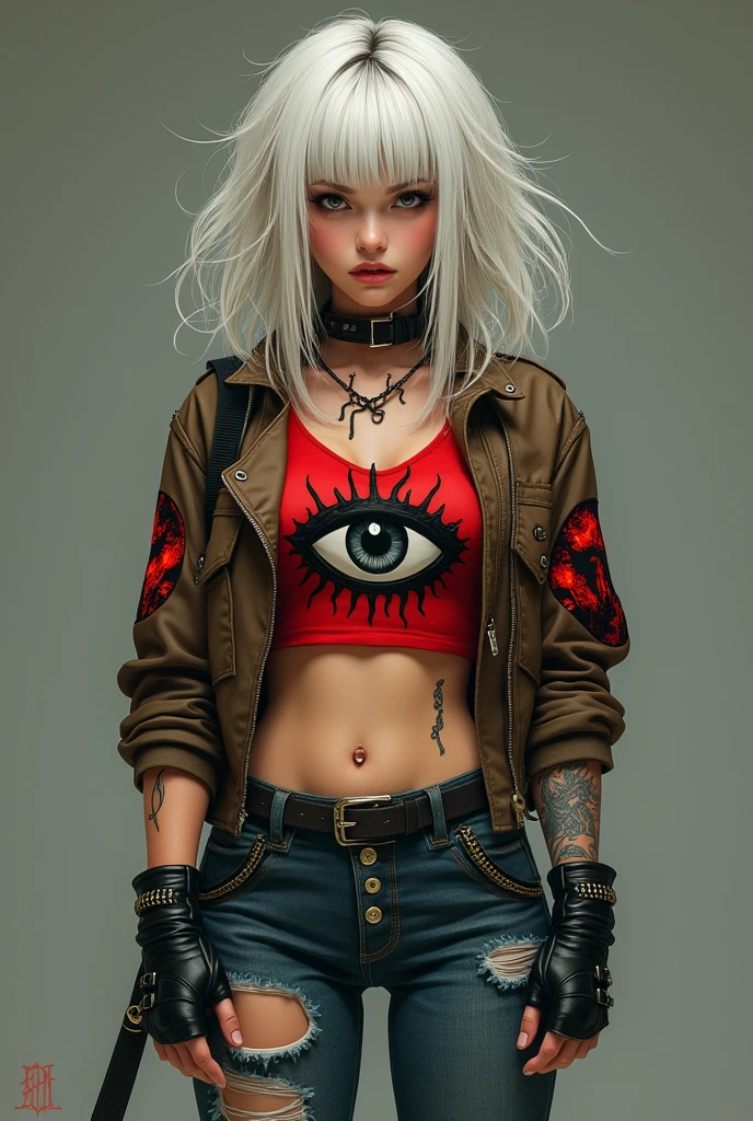 A young woman. large hair, curlies, with white highlights, and bangs. Ripped military jeans, boots on our feet. Red crop top with an eye in the center. fingerless gloves, and a mushroom tattoo on his left arm. Earrings and eyeliner. Piercing na boca. brown leather jacket, with a print on the left arm, of a red wolf.