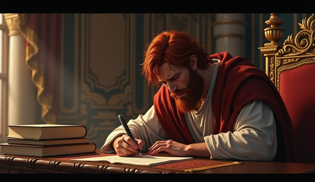 create: "NON-YOUTUBE VIDEO LAYER"
a man named king david who was red-haired, With tears in my eyes, crying and very sad, writing a letter in the palace.
