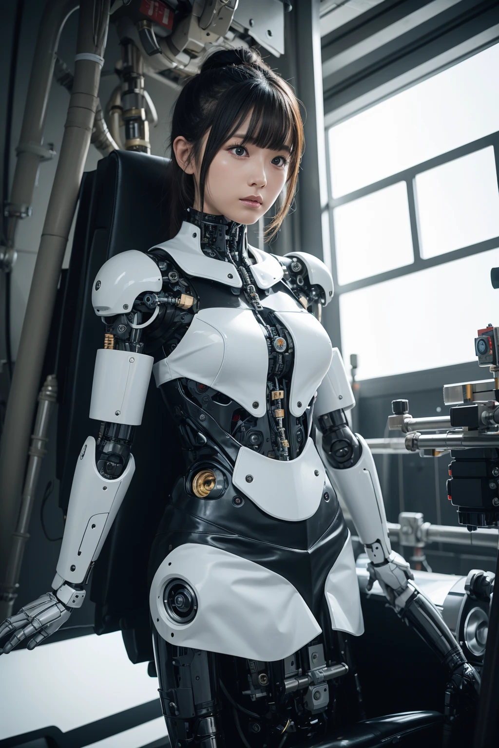 masterpiece, best quality, extremely detailed, Japaese android girl,Plump , control panels,android,Droid,Mechanical Hand, Robot arms and legs,Blunt bangs,perfect robot girl,long tube,thick cable connected her neck,android,robot,humanoid,cyborg,japanese cyborg girl ,future laboratory,robot laboratory,maintenance,connecting a cable between the legs,skirt, She is charging now,