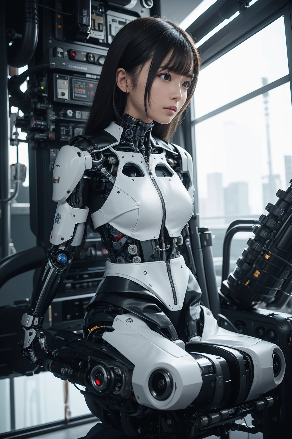 masterpiece, best quality, extremely detailed, Japaese android girl,Plump , control panels,android,Droid,Mechanical Hand, Robot arms and legs,Blunt bangs,perfect robot girl,long tube,thick cable connected her neck,android,robot,humanoid,cyborg,japanese cyborg girl ,future laboratory,robot laboratory,maintenance,connecting a cable between the legs,skirt, She is charging now,