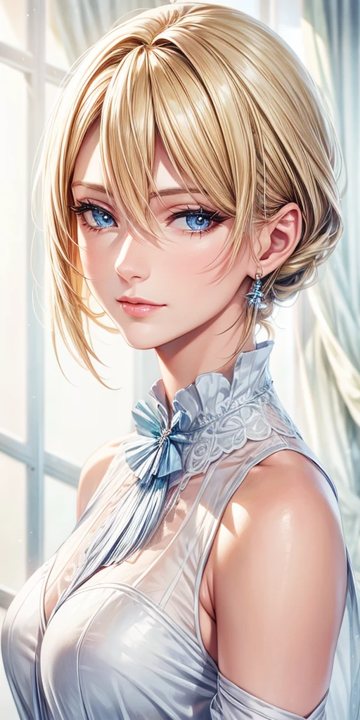 Highest quality,Portraiture, Realistic, Elegant mature woman, blue eyes, Blonde, 4K resolution, Ultra-detailed CG, Beautiful CG, Soft Light,See-through blouse (NSFW),Small breasts,Detailed eyes,Detailed face,Closed Mouth,Detailed eyes,Detailed eyes
