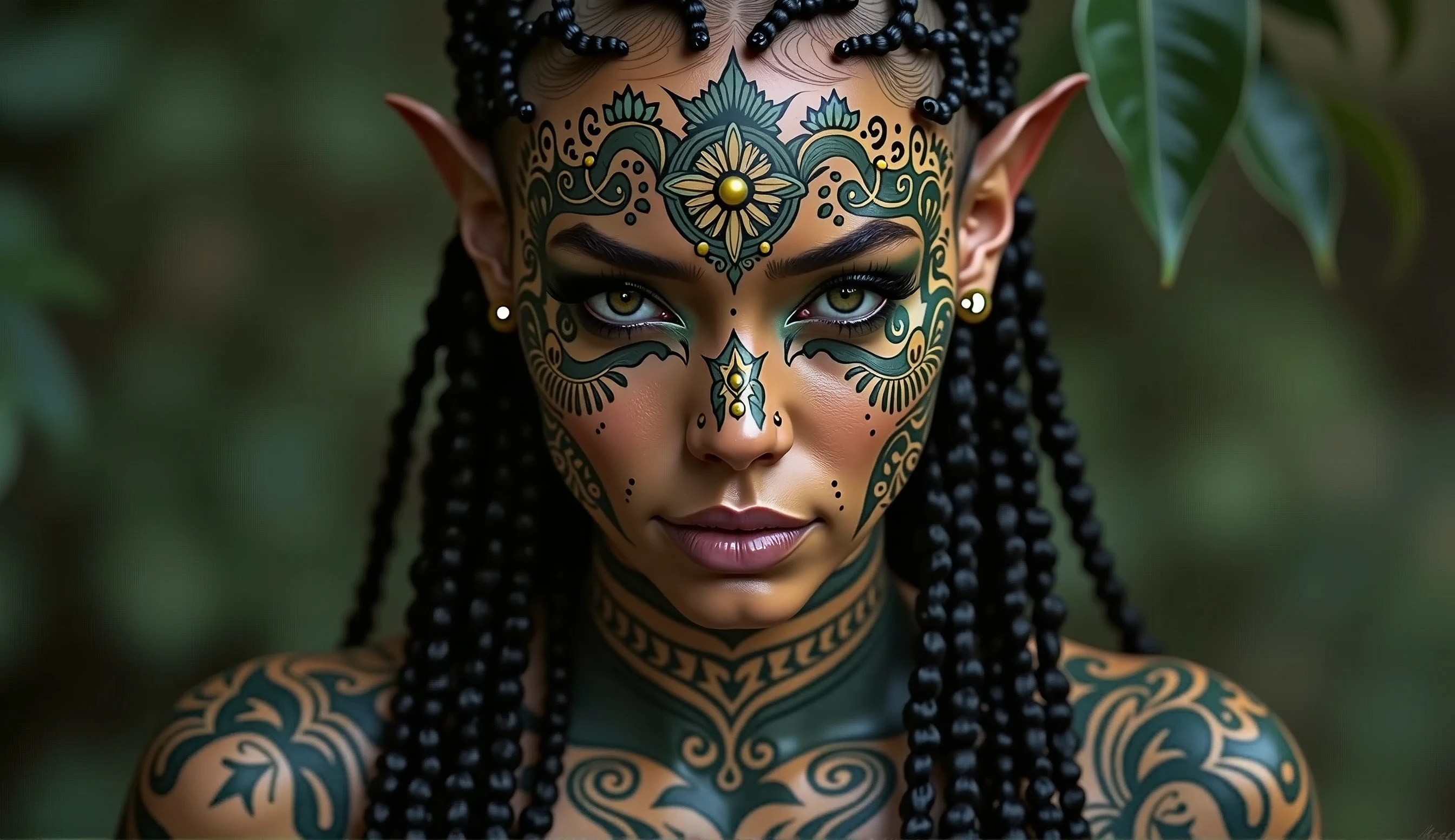 a pose of a beautiful woman with tattoos on her face and body, beautiful female android, tattooed face, dark elf, skin black, intricate braided hair, portrait in matte painting, photo by full body, glare eyes, she is dressed in shaman clothes, heavy make-up, pintura tribal, Celta, fractalpunk, cryptopunk, (attractive young man: 1,3) , (seducer:1,1), detalhamento, a lot of femininity, enticing, dazzling, cinematic lighting, dramatic lighting, warm color tones, dramatic colors, (best qualityer, 4K, 8k, high resolution, Masterpiece artwork: 1.2), (realisitic, foto realisitic 1,37), HDR, 16:9.
