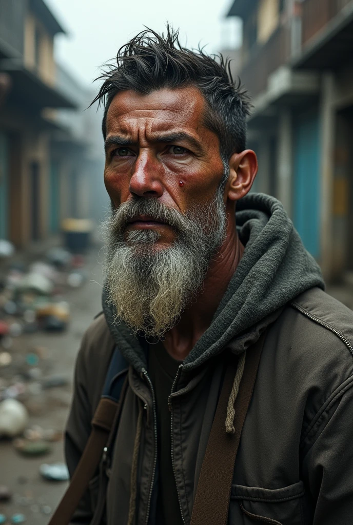 Cristiano Ronaldo picture who is homeless and with white big beard and crying in slums