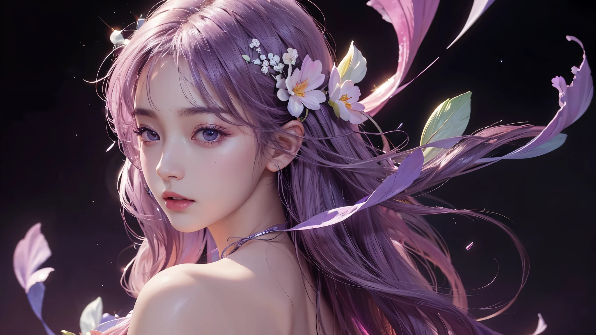 One girl, alone, flower畑, flower, (Official Art, unity 8k wallpaper, Super detailed, beautifully、aesthetic, masterpiece ,Highest quality:1.3), (Dynamic Angle:1.2), (Floating colorful sparkles:1) , elegant, Vibrant colors, Highly detailed face, Detailed eyes, Glowing Skin, Glossy Lips , Pale purple background,