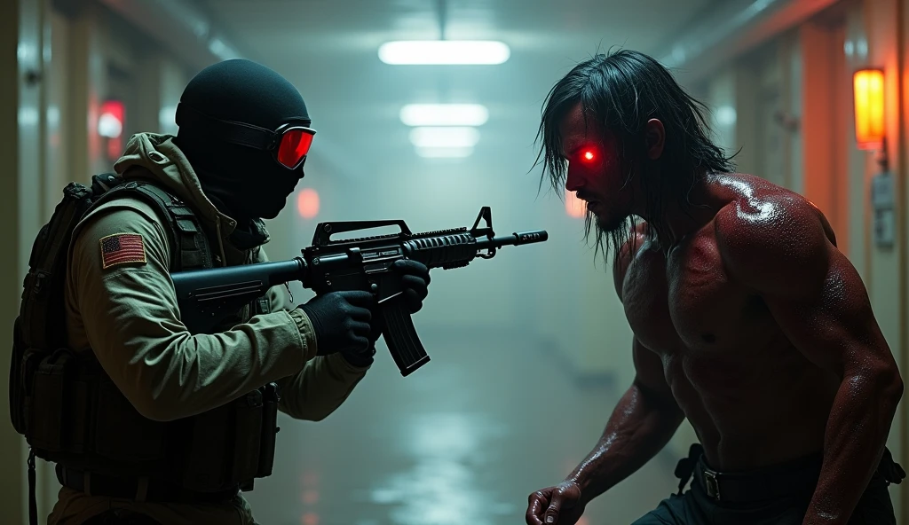 F.E.A.R. operative wearing black tactical balaclava and red googles holding assault rifle is standing with the psychic commander of replica forces. Psychic commander's is glowing red and covered in blood, his hair is black and short.