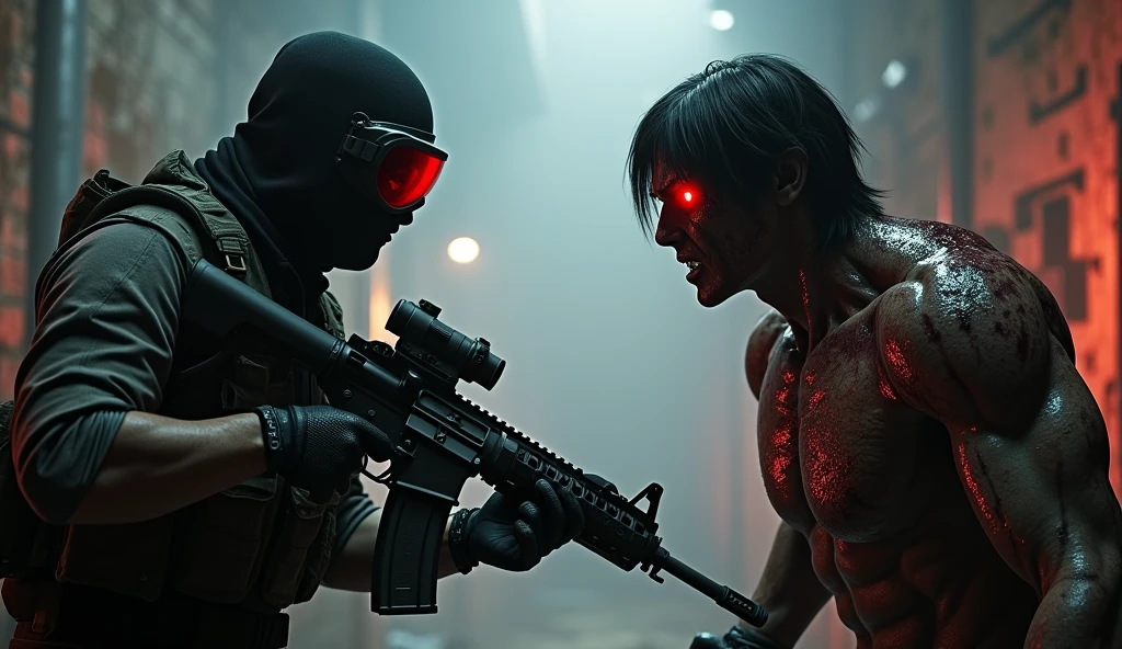 F.E.A.R. operative wearing black tactical balaclava and red googles holding assault rifle is standing with the psychic commander of replica forces. Psychic commander's is glowing red and covered in blood, his hair is black and short.