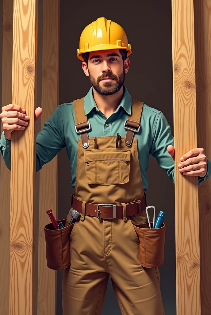 Mix them  for Advertising in proper way nor the wood in shoulders in should be in hands
The first image is a illustration of a construction worker . He is wearing a yellow hard hat and brown overalls with tools like a hammer and screwdriver in his pockets. Amd wood in his hands

The second image is a background of wooden planks arranged vertically. The planks are of different shades of brown, showing natural wood textures and grains. This could represent a wooden wall, floor, or paneling.