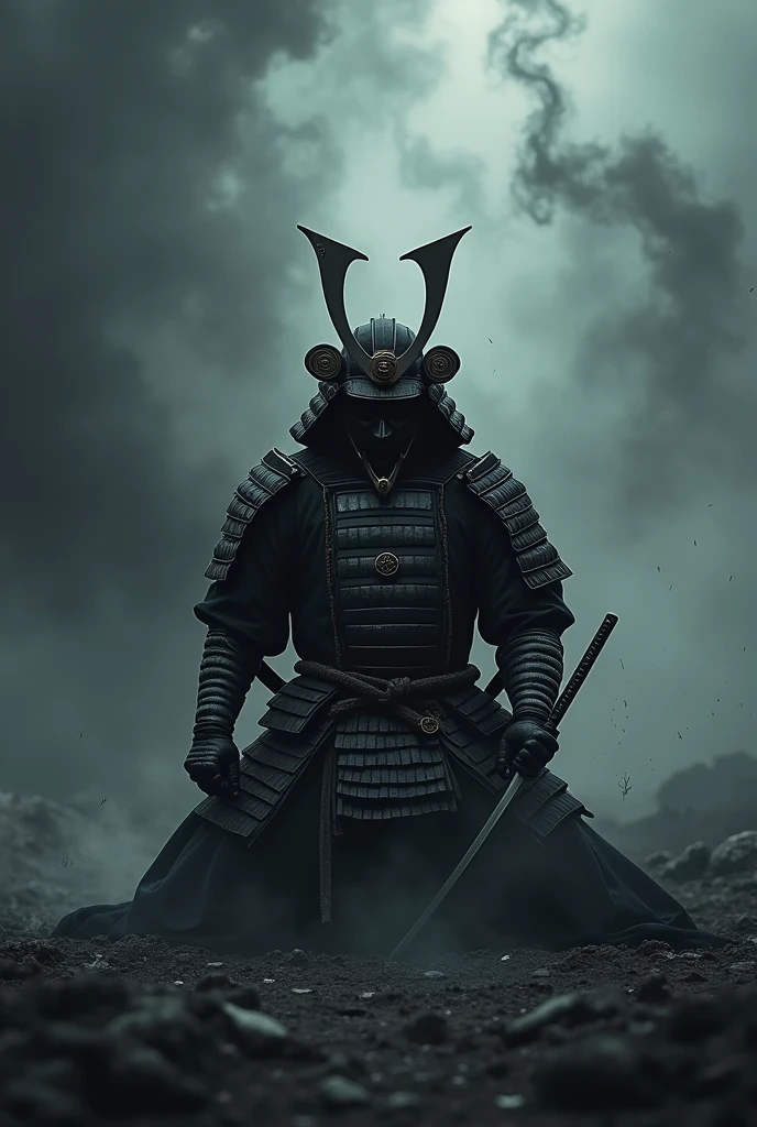 black samurai kneeling at evil world