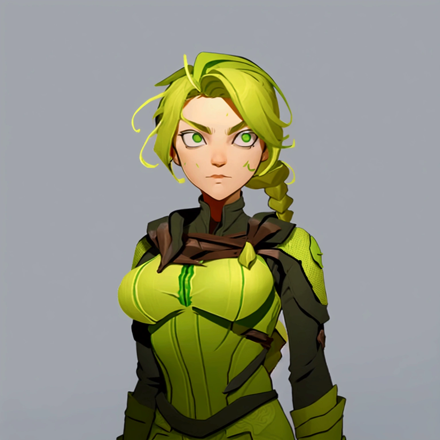 concept art, European and American comics, game character design, RPG Fantasy Game Characters, solo, 20-year-old European woman, blonde hair, golden hair, long hair, braid (((Lime green fabric combat suit))),white background, Brown eyebrows ,holding a bow,black eye, Focused on the upper body, Make your face look bigger,((Draw only up to the waistline))), (((Zoom in so the face is clearly visible))), (((Focused on the upper body))), Lime green short-sleeved top, A cloak with a hood, Brown corset, Lime green gloves, Brown waist belt, The belt buckle is lime green, Short lime green skirt, holding a bow, Wearing a quiver,