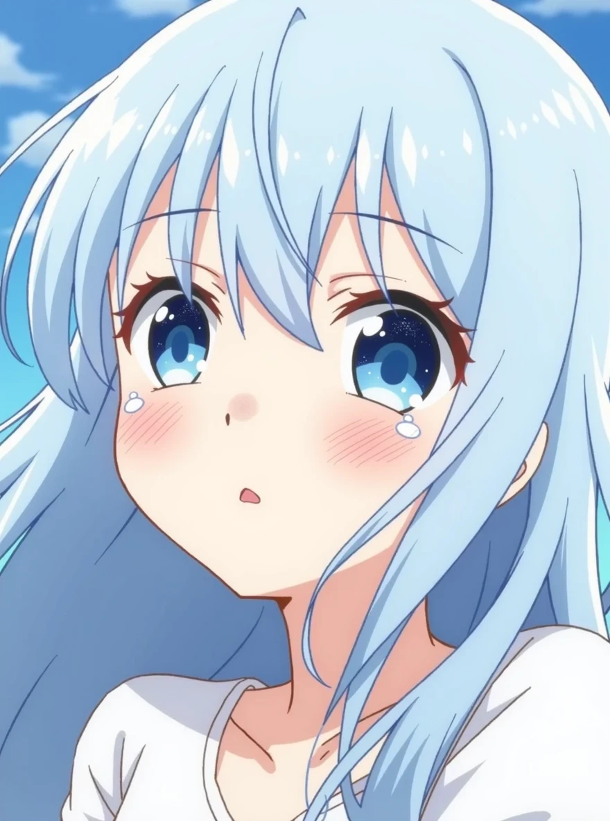 One person, blue eyes, Long Hair, Blue Hair/Light blue hair, Bangs between the eyes, tears, smile, Gaze, high quality, Shiny Hair, Hair blowing in the wind, Medium Hair, Light blush, Big glitter eyes, Gradient eyes, look up, Background blur, far and near method, anime風, anime, Character Design, Japanese illustration style, 