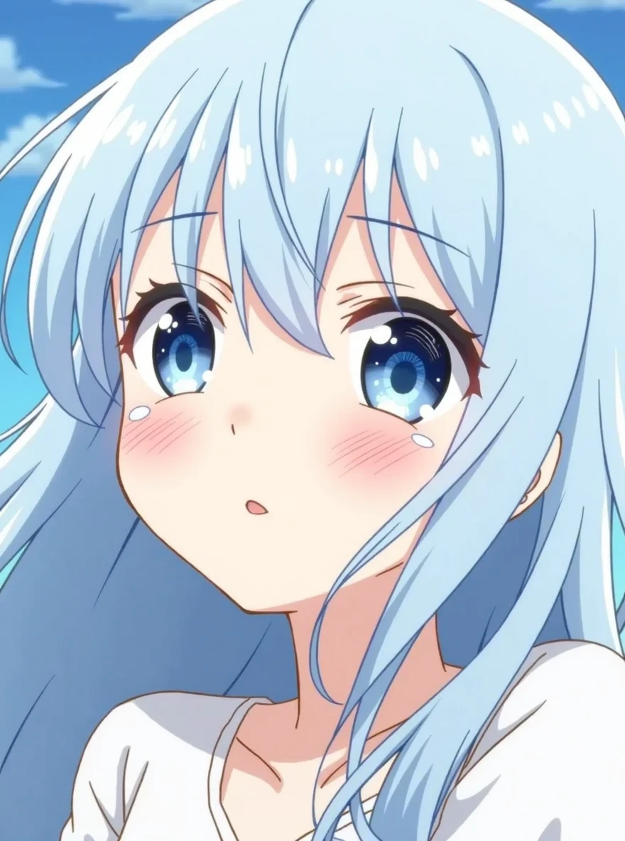 One person, blue eyes, Long Hair, Blue Hair/Light blue hair, Bangs between the eyes, tears, smile, Gaze, high quality, Shiny Hair, Hair blowing in the wind, Medium Hair, Light blush, Big glitter eyes, Gradient eyes, look up, Background blur, far and near method, anime風, anime, Character Design, Japanese illustration style, 