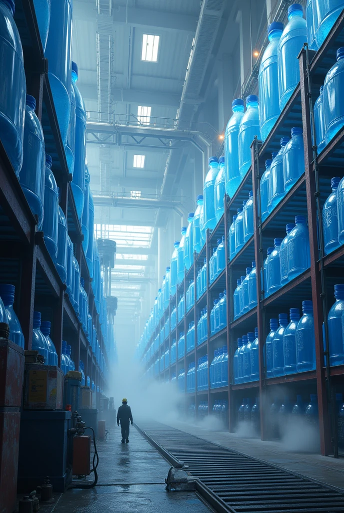 big water bottles in the shelf of a water plant. picture should be in the landscape