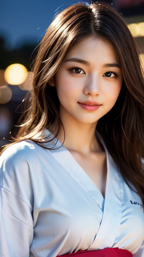 8k,Highest quality,(masterpiece:1.2),(Realistic),(Realistic:1.37),Ultra-high resolution,1 female college student,festival,night,smile,Beautiful Eyes,(((Cute Yukata))),Perfect body,Perfect Fingers,Professional Lighting,gravure,Detailed face and skin texture,fine grain,RAW Photos