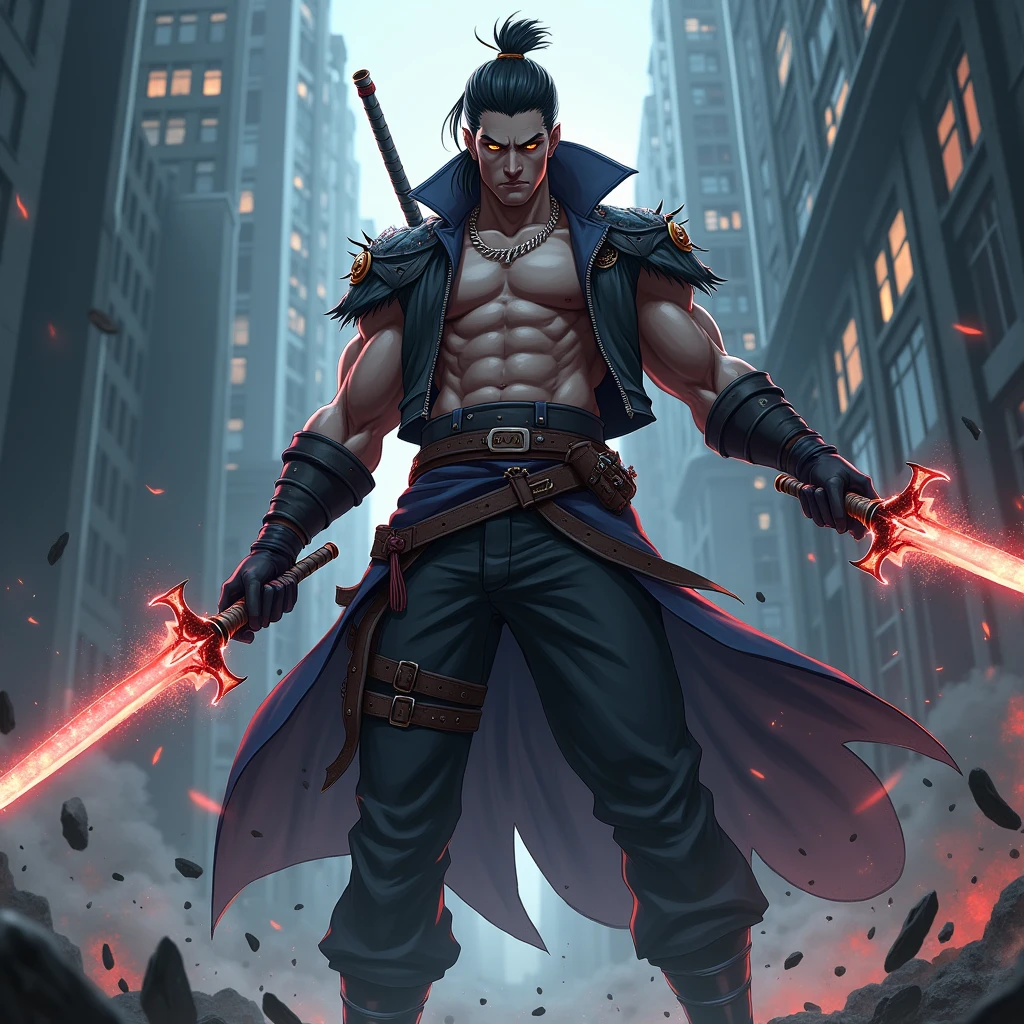 Hyper stylish combat anime character, masculine, he must have 3 swords with magic powers, he's a bounty hunter