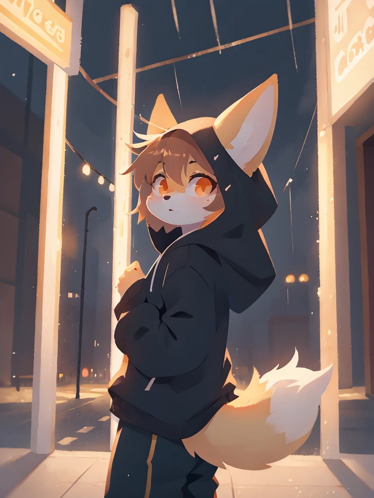 high quality, 1femboy, short, cute, slightly thick thighs, fox, pastel orange fur, ruffled hair, pastel brown hair, orange pupils, starry highlights, fennec fox hoodie, hoodie on, fame fox ears on hoodie, real fox ears under the hoodie, nonchalant look, tail swaying left and right, dark ambience, night, raining, standing at a bus stop
