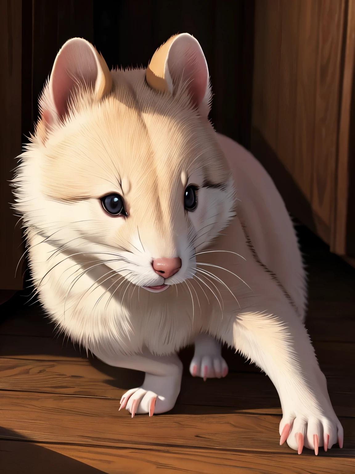 a ferret, cute ferret, adorable ferret, ferret in a cozy room, ferret playing, ferret running, ferret curled up sleeping, ferret exploring, ferret with big eyes, ferret with a curious expression, (best quality,4k,8k,highres,masterpiece:1.2),ultra-detailed,(realistic,photorealistic,photo-realistic:1.37),vibrant colors,soft lighting,natural setting,detailed texture