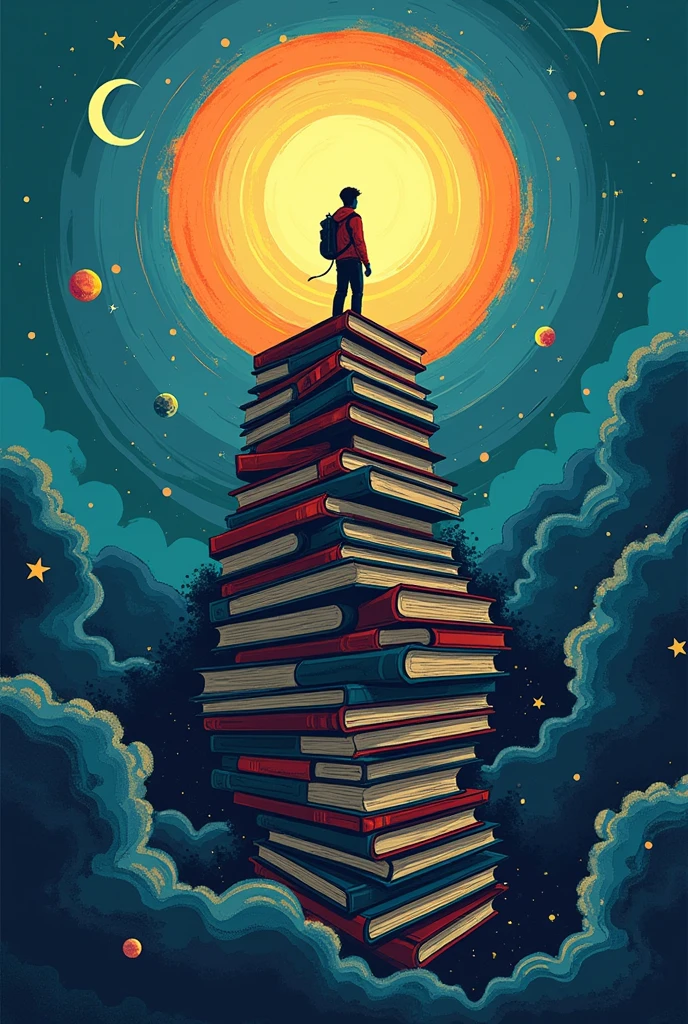 "Design a wallpaper where a student is climbing a mountain made of books, with fake friends swirling around the base. At the top of the mountain, the sun is shining brightly, symbolizing achievement. The text reads: 'Rise Above Distractions.' The color palette should be vibrant, with a contrast between the dark distractions and the bright summit."