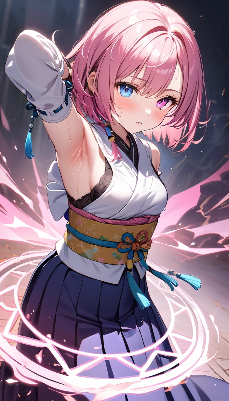 (1 girl),(Best Picture Quality, 8K, Masterpiece:1.3), (high school student:1.5), ((pink lob hair:1.1)), (bob cut),(swept bangs), (cute eyes, pupil black, iris skyblue, youthful face), (mole under right eye), (standard weight), (small breasts), (glistening skin:1.3),(pale skin:1.2),(sweaty skin:1.2),BREAK YunaX, heterochromia, detached sleeves, japanese clothes, sash, obi, hakama skirt, purple hakama,BREAK ((showing armpits)),(luminous magic circle ground),BREAK (Summon, Summoning Moment, Summoned Hell Bird Demonic Monster),(portrait).