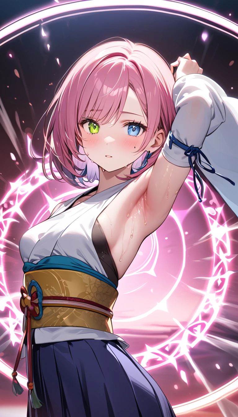 (1 girl),(Best Picture Quality, 8K, Masterpiece:1.3), (high school student:1.5), ((pink lob hair:1.1)), (bob cut),(swept bangs), (cute eyes, pupil black, iris skyblue, youthful face), (mole under right eye), (standard weight), (small breasts), (glistening skin:1.3),(pale skin:1.2),(sweaty skin:1.2),BREAK YunaX, heterochromia, detached sleeves, japanese clothes, sash, obi, hakama skirt, purple hakama,BREAK ((showing armpits)),(luminous magic circle ground),BREAK (Summon, Summoning Moment, Summoned Hell Bird Demonic Monster),(portrait).