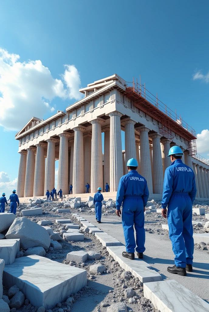 Create a realistic 4K image of the Parthenon in Athens under construction. Workers should be wearing Personal Protective Equipment (epis) in blue color, with the name 'URBPLAN' written in white on the uniforms. The Parthenon must be in a mid-construction phase, with scaffolding around the columns and marble blocks being positioned. The image should have predominant colors in shades of blue, creating a striking contrast between the historic structure and the modern construction environment.