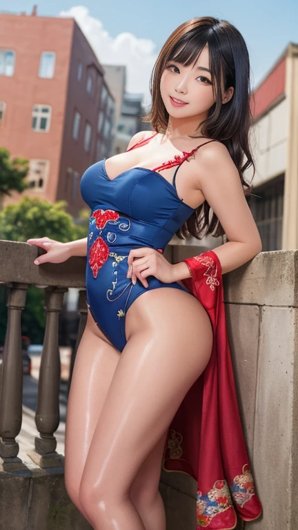 (Highest quality、Ultra-high resolution、masterpiece:1.3),Red Mini China Clothes, Middle-length hair with bangs, Moisturized eyes down to the finest detail, ((Shiny skin 1.5)), Highest quality, 8k, Slightly blurred background, (Big Breasts , Beautiful feet, Legs exposed through slits), Standing posture,Model pose,Wear heels, Natural color lip, smile, A woman with perfect style, ((Busy city background during the day)), (Colorful patterns(Red and blue embroidery)Red Mini China Clothes:1.5), Look forward, Looking into the camera