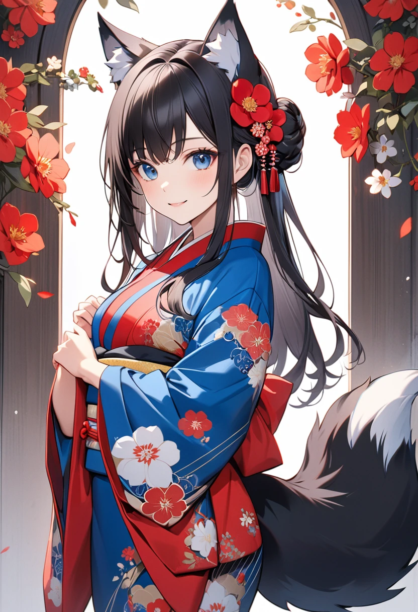 masterpiece, best quality,ultra detailed, beautiful,cute girl, solo,(medium breasts 1.3),beautiful black hair,long hair,romantic low bun,beautiful cobalt blue eyes,wolf ears,(wolf tail),smile,kimono,(red flower hair pin)