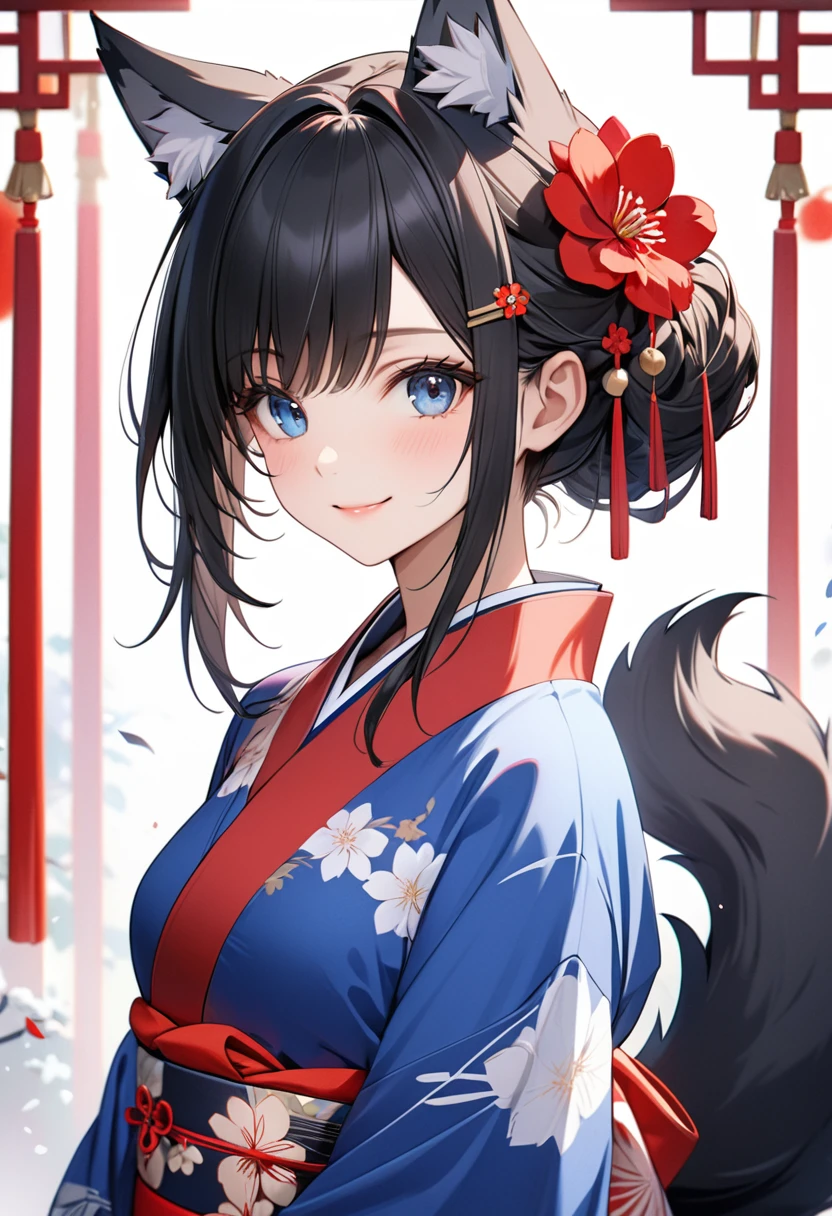 masterpiece, best quality,ultra detailed, beautiful,cute girl, solo,(medium breasts 1.3),beautiful black hair,long hair,romantic low bun,beautiful cobalt blue eyes,wolf ears,(wolf tail),smile,kimono,(red flower hair pin)