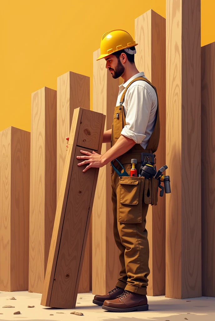 Mix them for Advertising in proper way nor the wood in shoulders in should be in hands
The first image is a illustration of a construction worker . He is wearing a yellow hard hat and brown overalls with tools like a hammer and screwdriver in his pockets. Amd wood in his hands
The second image is a background of wooden planks arranged vertically. The planks are of different shades of brown, showing natural wood textures and grains. This could represent a wooden wall, floor, or paneling.