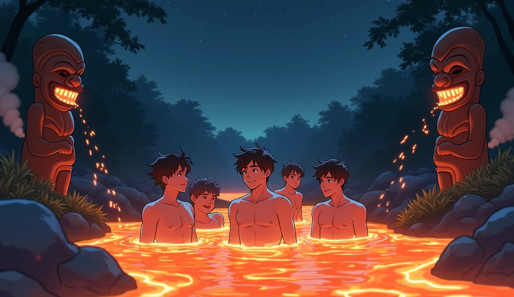 This image has to be in anime, a river of lava, four teenagers, all male, and one boy, also male, are bathing in this river of lava. In the background, you can see a beautiful forest at night. The lava is glowing and releasing smoke. The five are having fun. There are two Tiki statues, each on one side, and they are releasing lava into the river of lava.