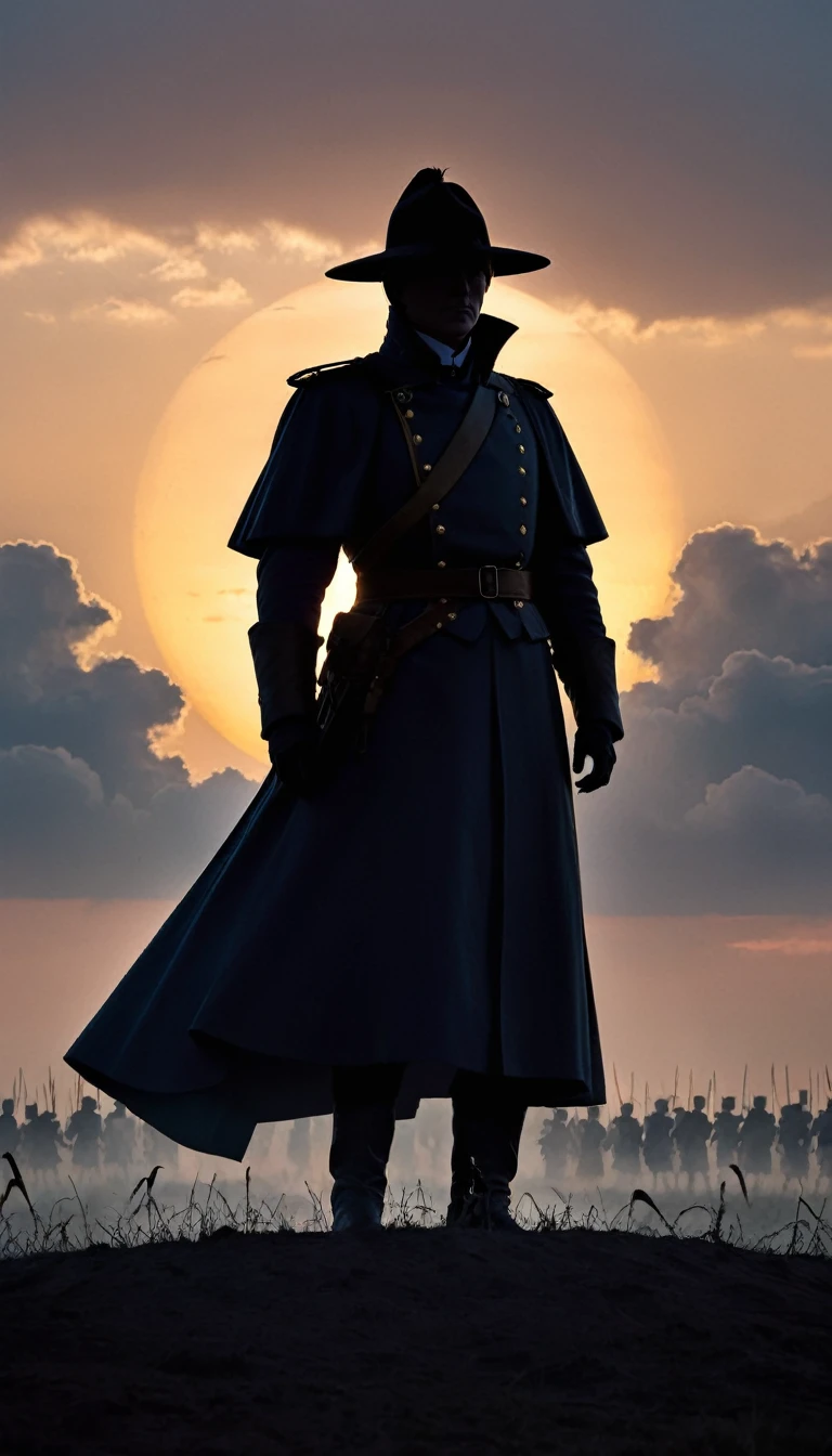 "An enigmatic historical leader standing on a battlefield, his silhouette highlighted by the soft glow of the setting sun, with an air of mystery surrounding him."