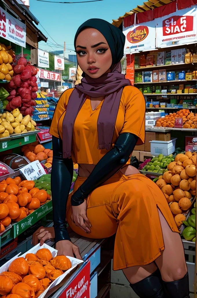"a beautiful Malay woman(0), nude sts,plack hijnee high boots,shopping in market,illustration,vivid colors,highres,physically-based rendering,detailed face features,beautiful eyes,detailed lips,expressive face,intense gaze,confident posture,colorful fruits and vegetables,exotic spices,fresh fish andfood,filled market stalls,bustling crowd,sunny weather,bustling market stands"