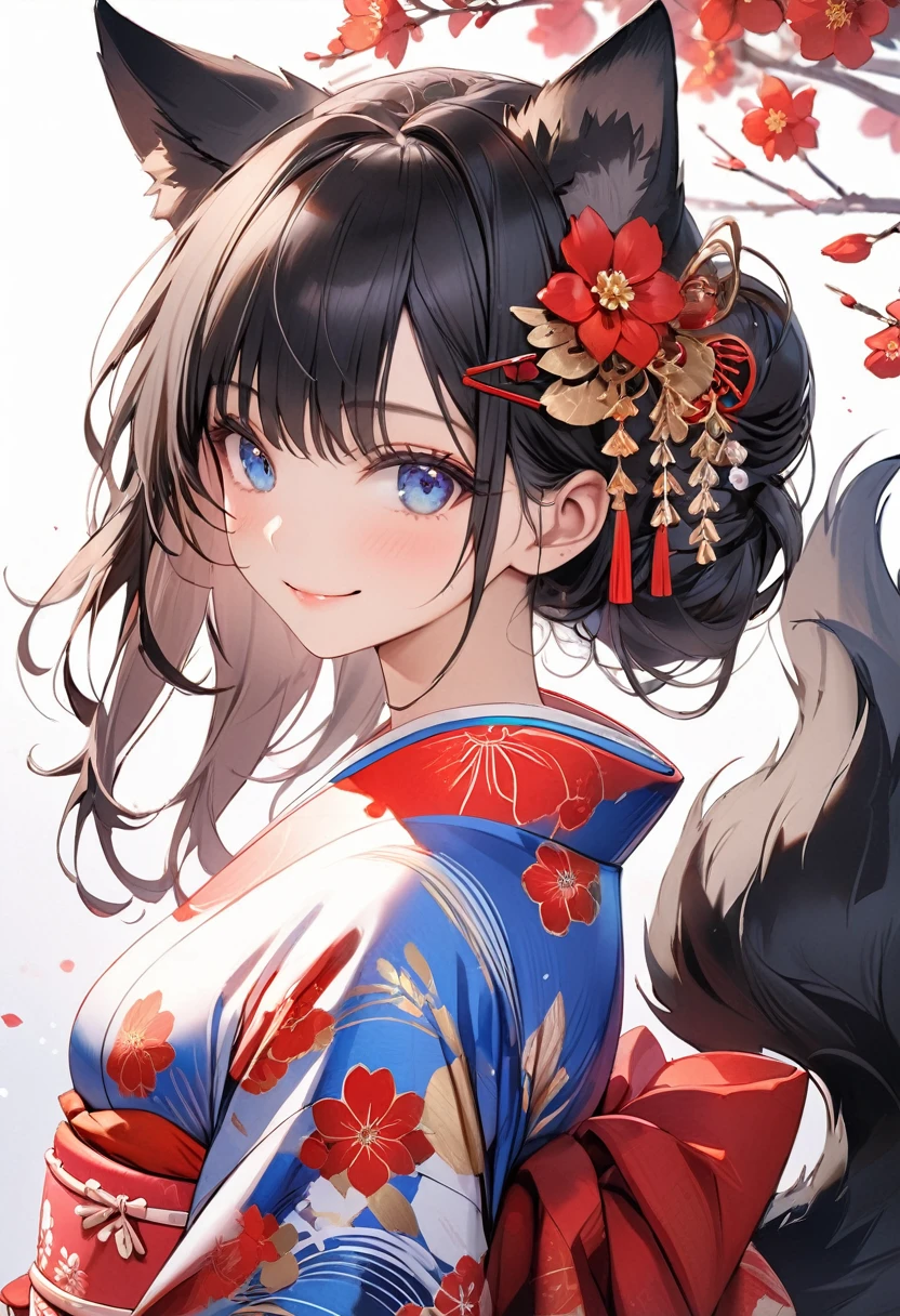 masterpiece, best quality,ultra detailed, beautiful,cute girl, solo,(medium breasts 1.3),beautiful black hair,long hair,romantic low bun,beautiful cobalt blue eyes,wolf ears,(wolf tail),smile,kimono,(red flower hair pin)