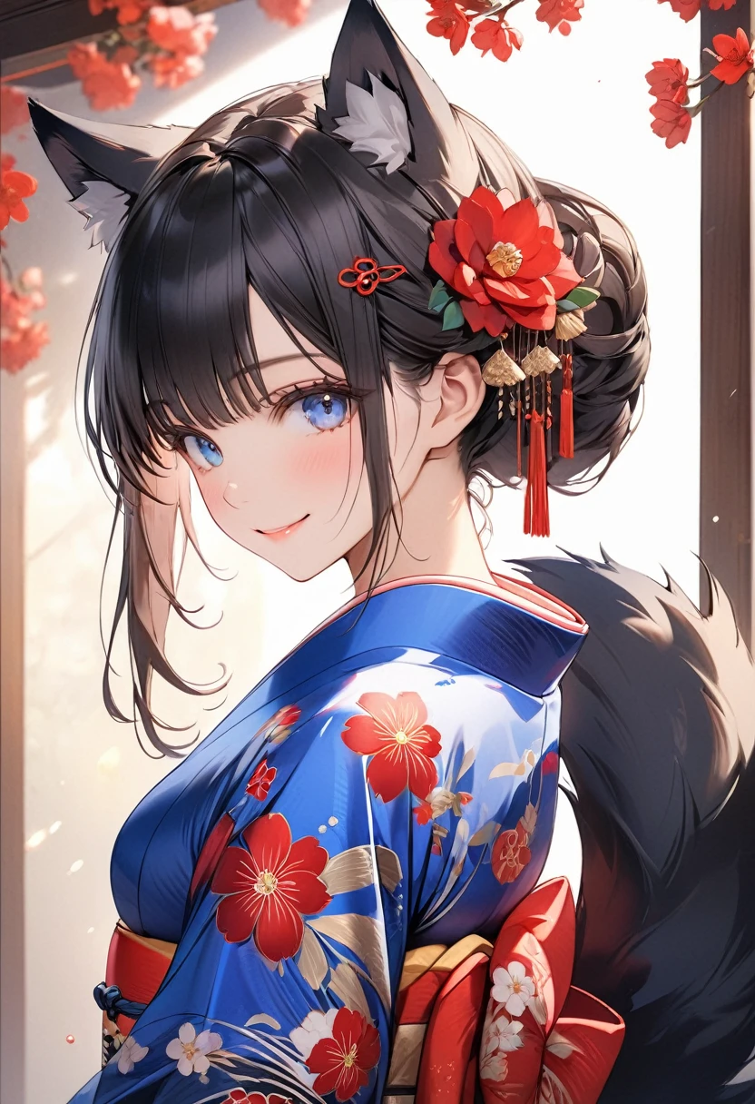 masterpiece, best quality,ultra detailed, beautiful,cute girl, solo,(medium breasts 1.3),beautiful black hair,long hair,romantic low bun,beautiful cobalt blue eyes,wolf ears,(wolf tail),smile,kimono,(red flower hair pin)